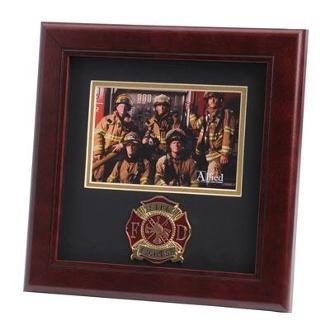 Firefighter Medallion Landscape Picture Frame in mahogany wood with black matting and gold trim, displaying a 4x6 inch photo.