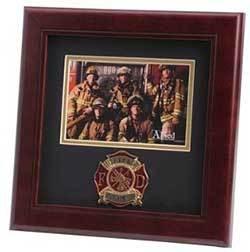 Firefighter Medallion Landscape Picture Frame with black matting and gold trim, showcasing a 4x6 inch photo, made from mahogany wood.