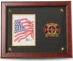 Firefighter Medallion Picture Frame with Stars, featuring a mahogany finish and gold trim, designed to hold a 5x7 inch photo.