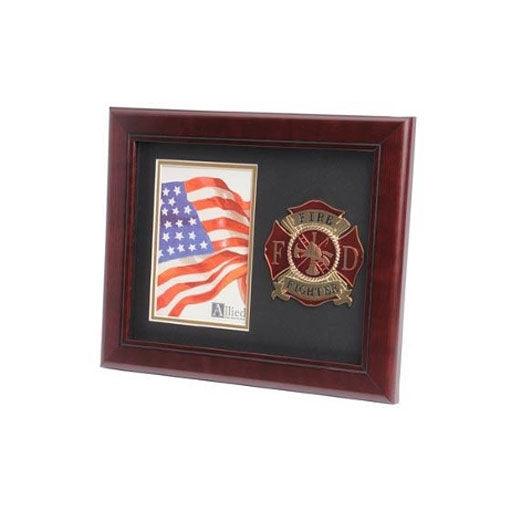 Firefighter Medallion Portrait Picture Frame with black matting and gold trim, showcasing a 4x6 photo.