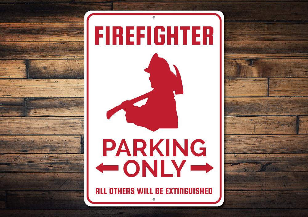 Firefighter Parking Sign made of durable aluminum, featuring customizable text and pre-drilled holes for easy mounting.