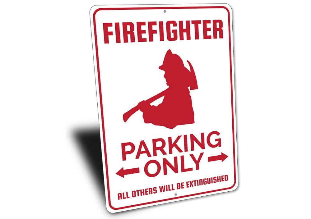 Firefighter Parking Sign made of durable aluminum, featuring customizable text and pre-drilled holes for easy mounting.