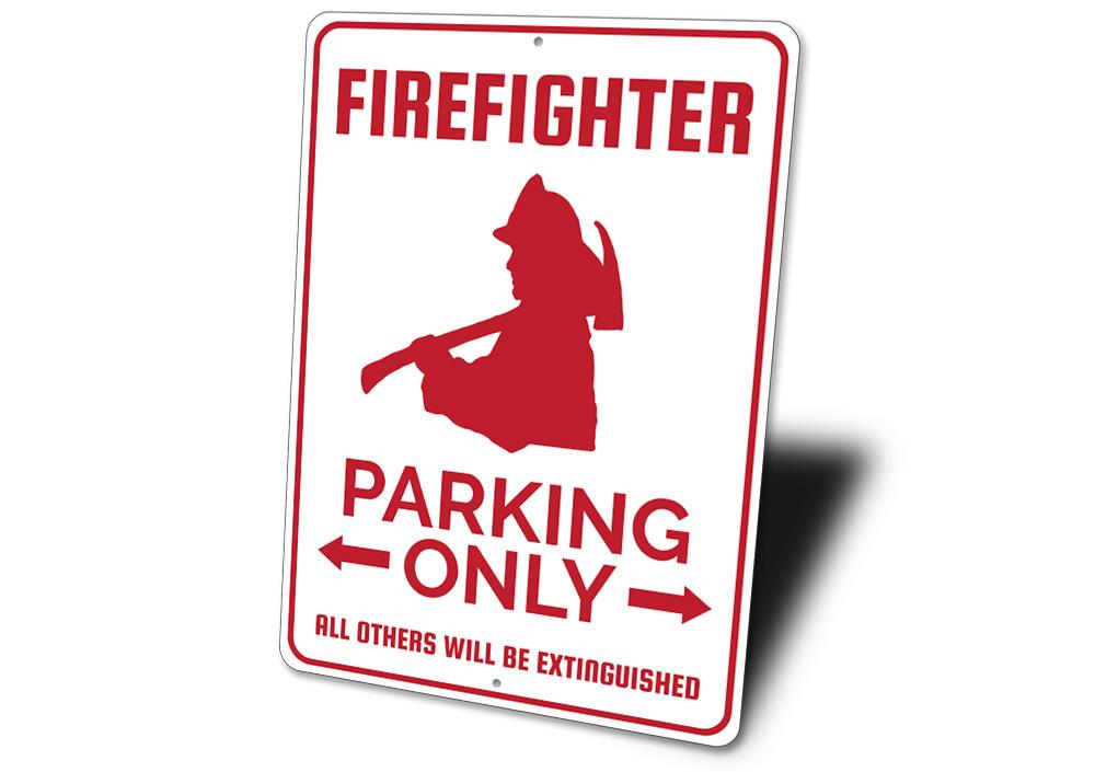 Firefighter Parking Sign made of durable aluminum, featuring customizable text and pre-drilled holes for easy mounting.