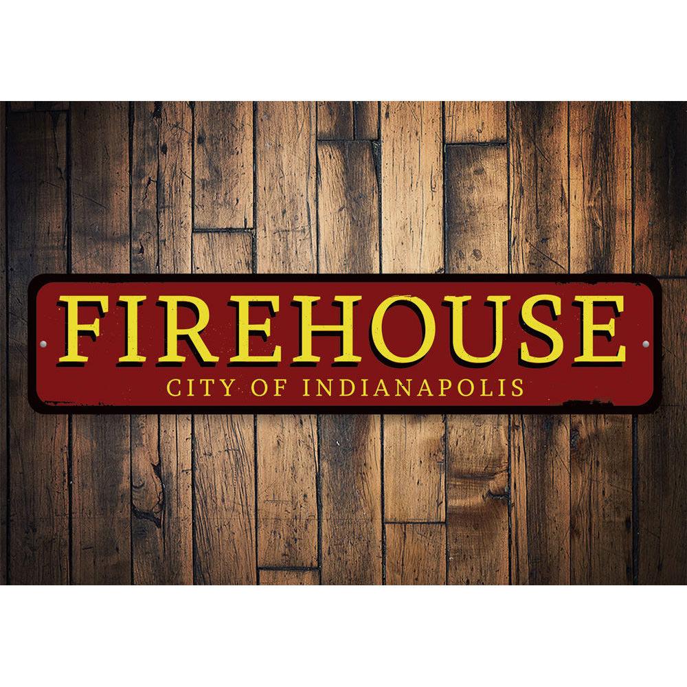 Customizable Firehouse City Sign made from high-quality aluminum, featuring pre-drilled holes for easy mounting.