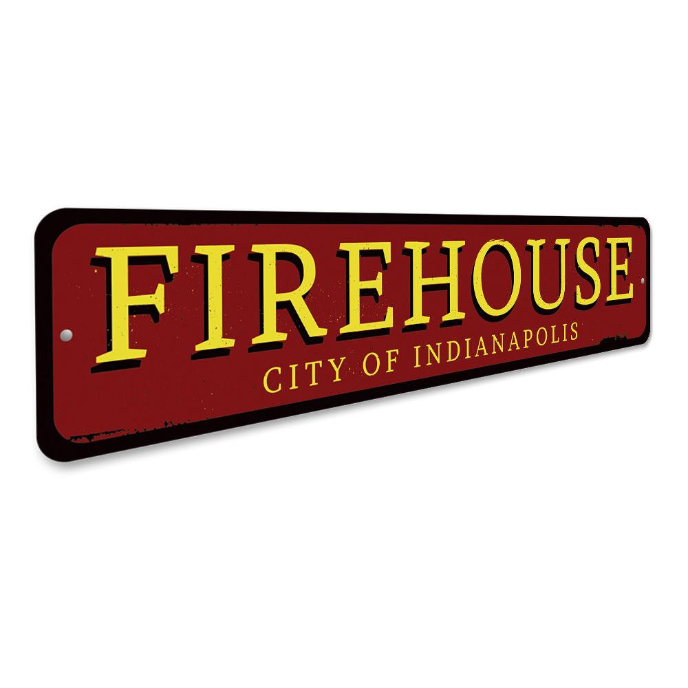 Customizable Firehouse City Sign made from high-quality aluminum, featuring pre-drilled holes for easy mounting.