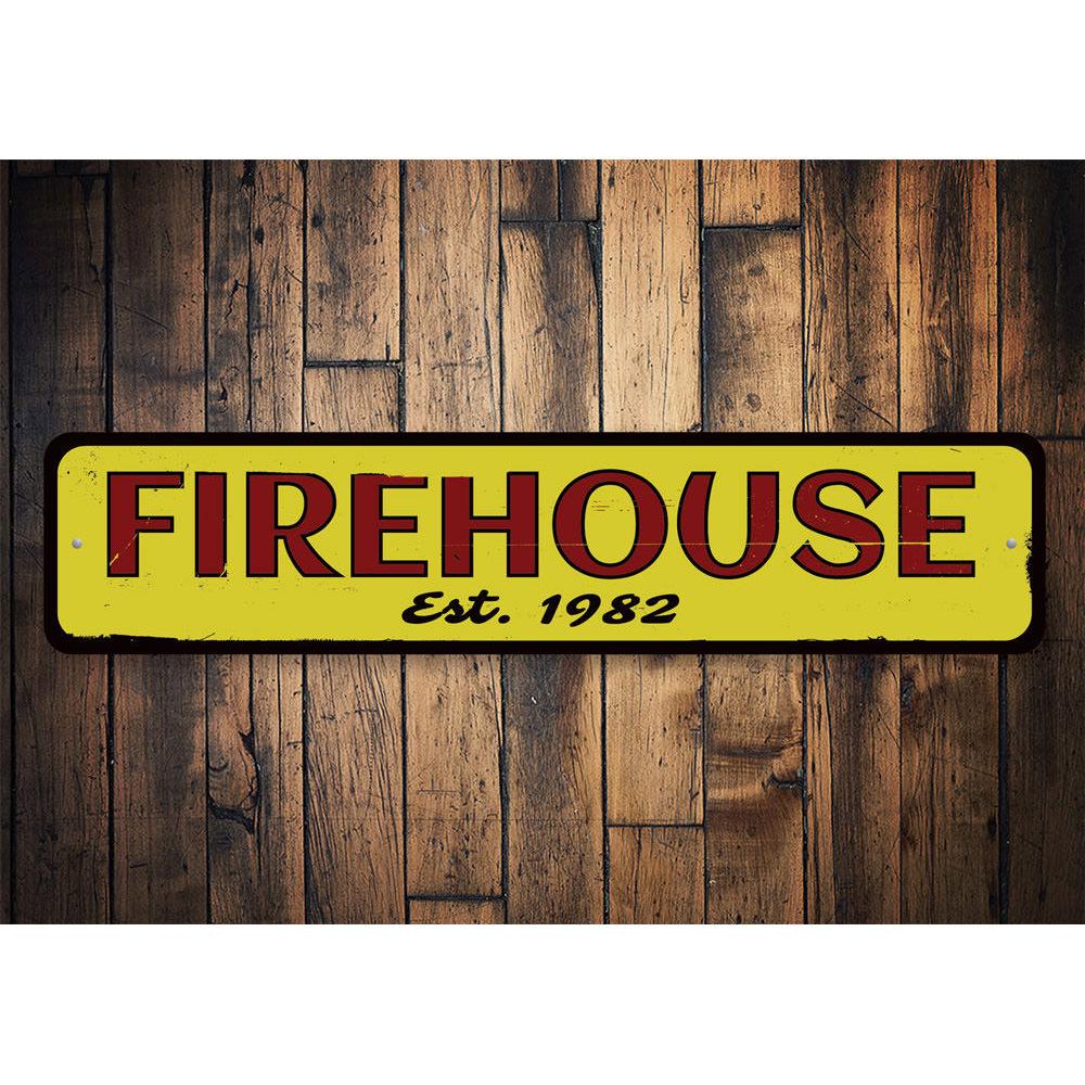 Personalized Firehouse Established Date Sign made of aluminum, featuring customizable text and pre-drilled holes for easy mounting.