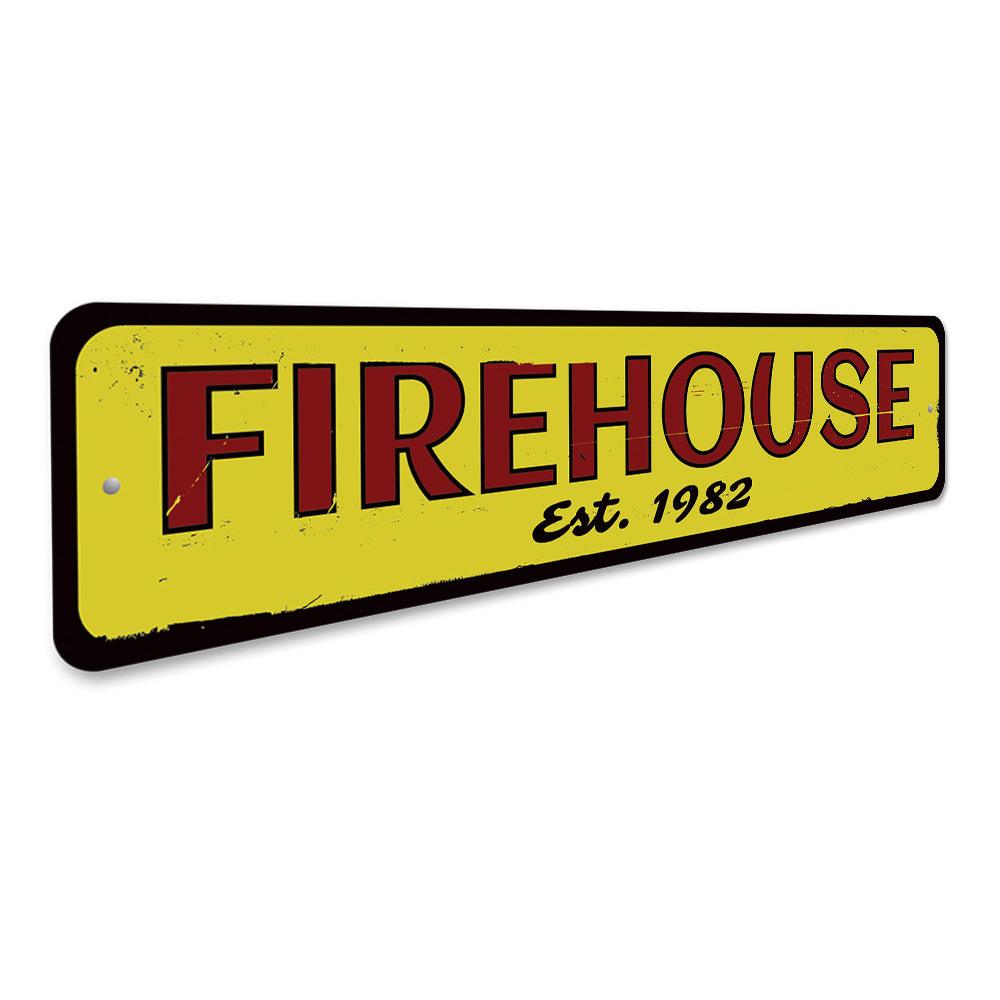 Personalized Firehouse Established Date Sign made of aluminum, featuring customizable text and pre-drilled holes for easy mounting.