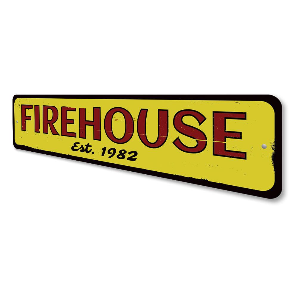 Personalized Firehouse Established Date Sign made of aluminum, featuring customizable text and pre-drilled holes for easy mounting.