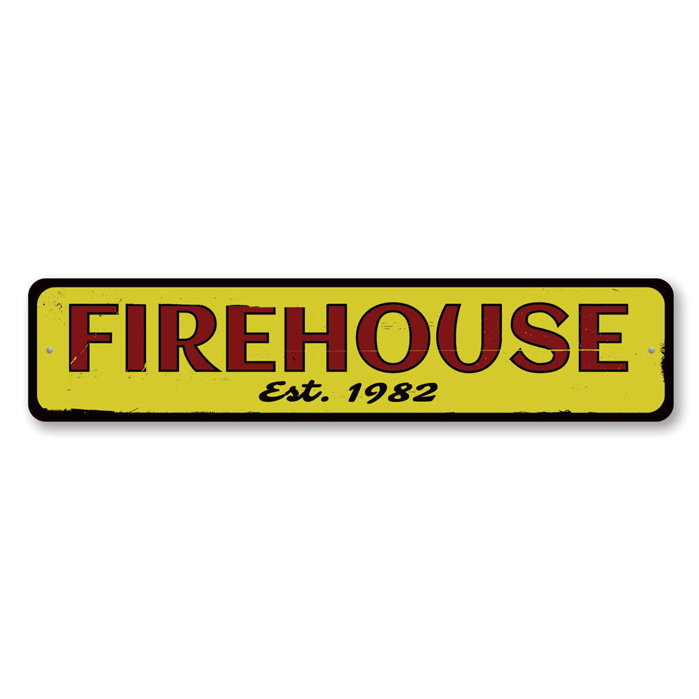 Personalized Firehouse Established Date Sign made of aluminum, featuring customizable text and pre-drilled holes for easy mounting.