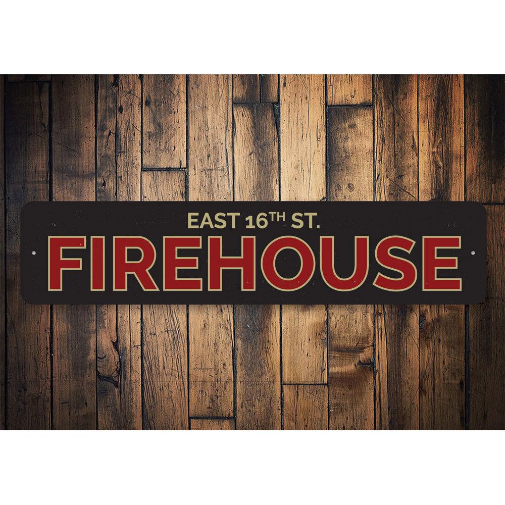 Customizable Firehouse Street Name Sign made of high-quality aluminum, featuring pre-drilled holes for easy mounting.