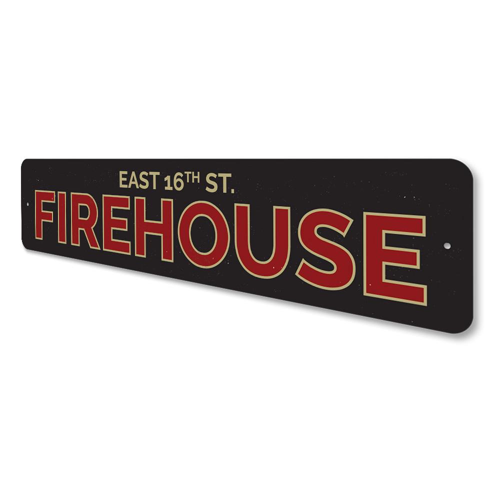 Customizable Firehouse Street Name Sign made of high-quality aluminum, featuring pre-drilled holes for easy mounting.