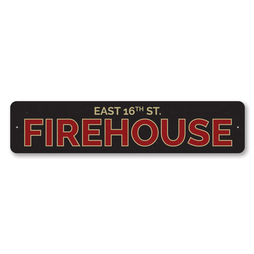 Customizable Firehouse Street Name Sign made of high-quality aluminum, featuring pre-drilled holes for easy mounting.