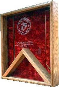 Walnut Fireman Flag and Medal Display Case showcasing a folded flag and medals with a crushed velvet background.