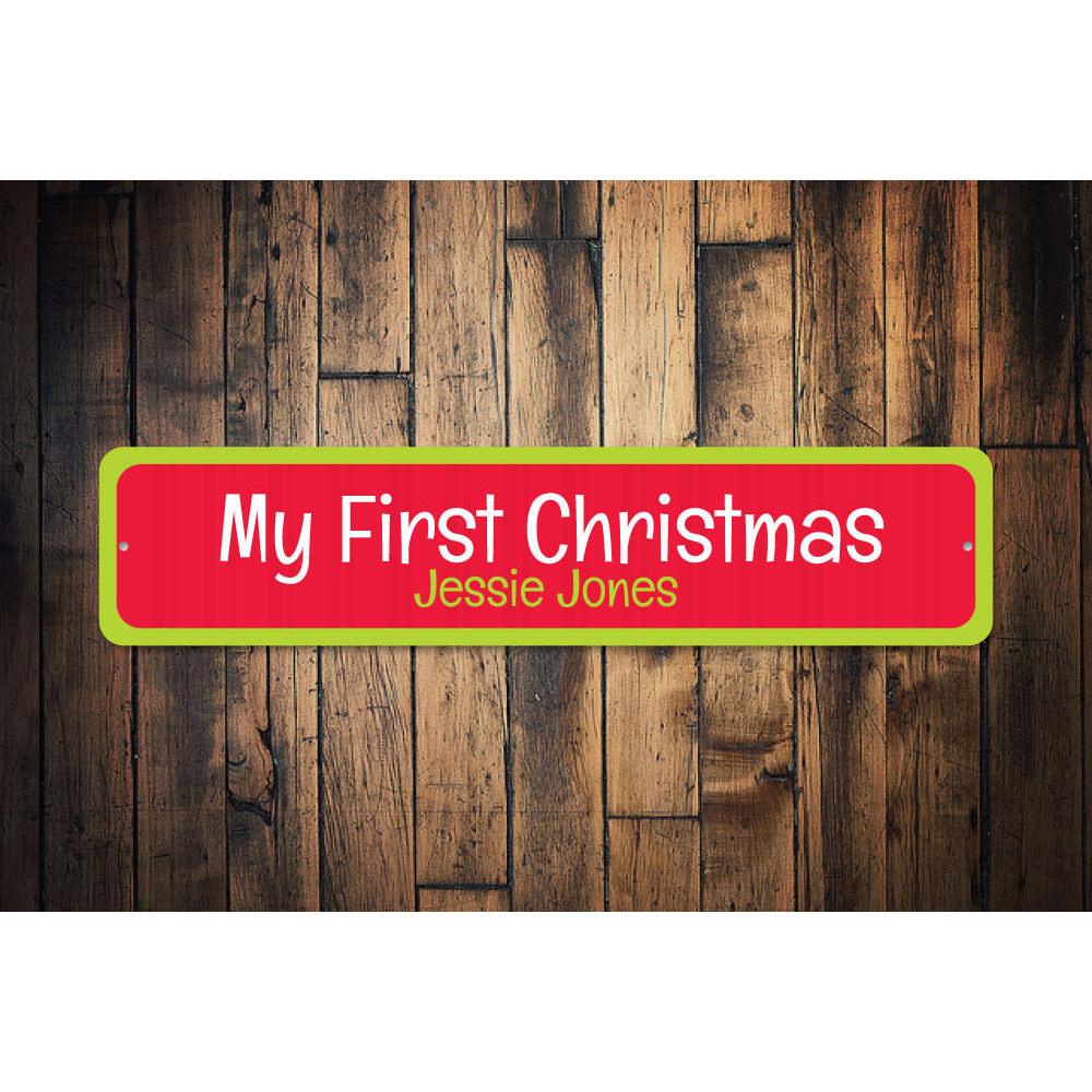 A beautifully crafted First Christmas Sign made of high-quality aluminum, featuring festive designs and customizable text options, perfect for holiday decor.