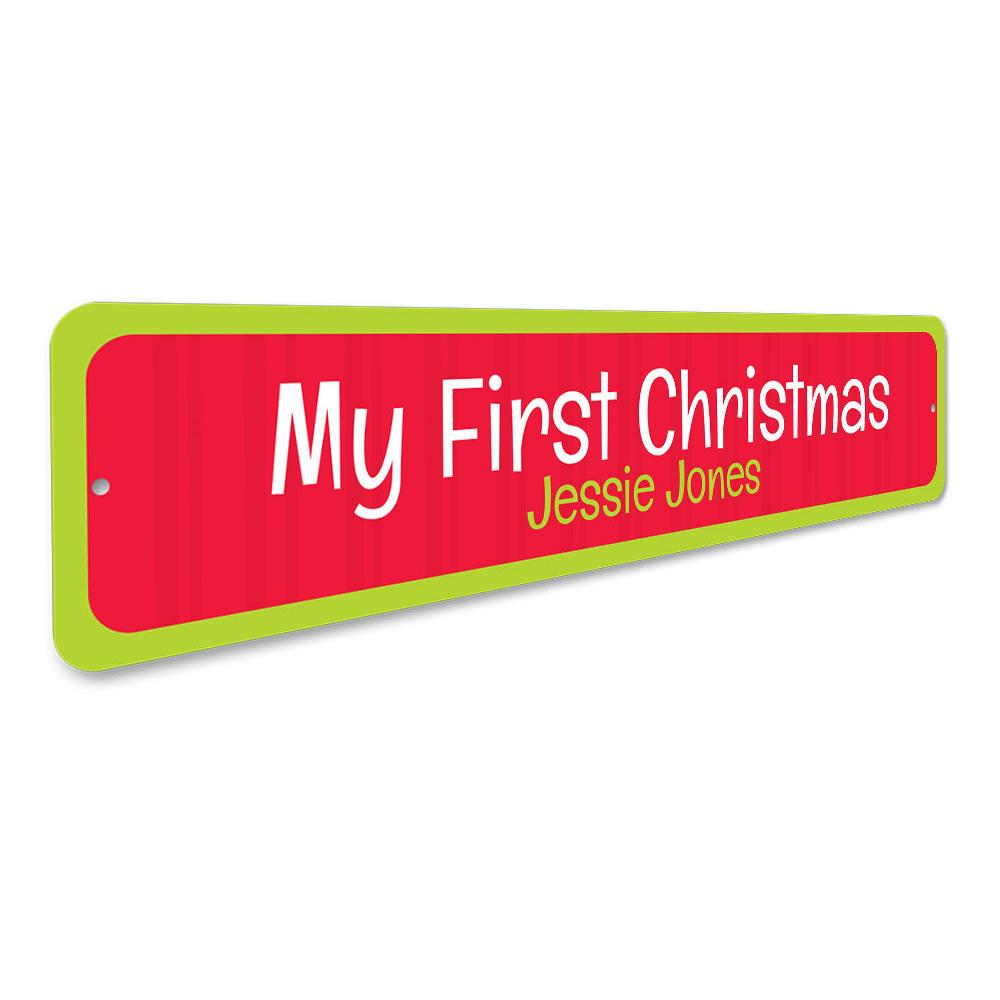 A beautifully crafted First Christmas Sign made of high-quality aluminum, featuring festive designs and customizable text options, perfect for holiday decor.