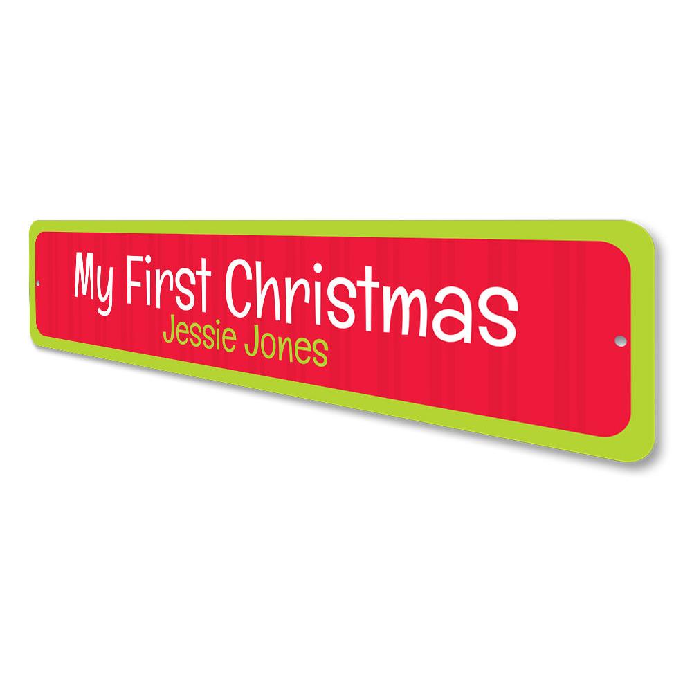 A beautifully crafted First Christmas Sign made of high-quality aluminum, featuring festive designs and customizable text options, perfect for holiday decor.