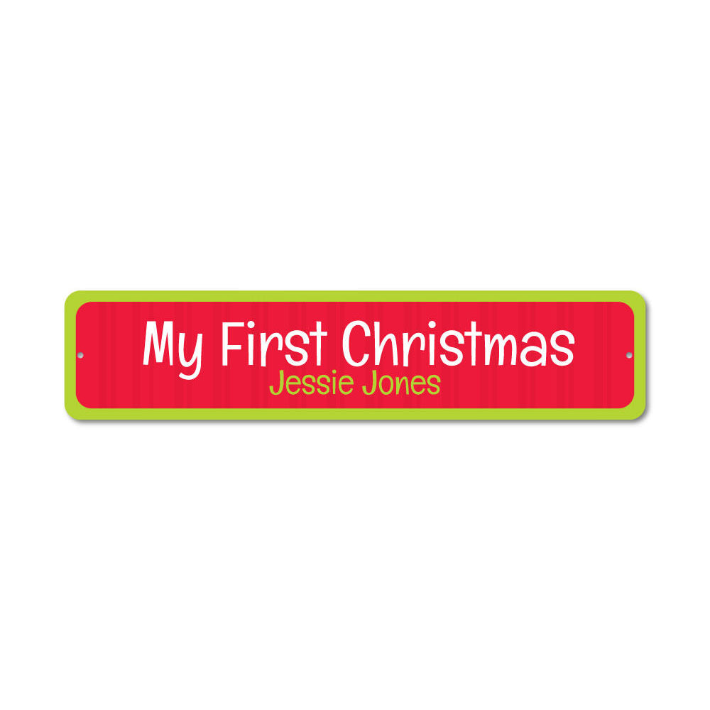 A beautifully crafted First Christmas Sign made of high-quality aluminum, featuring festive designs and customizable text options, perfect for holiday decor.