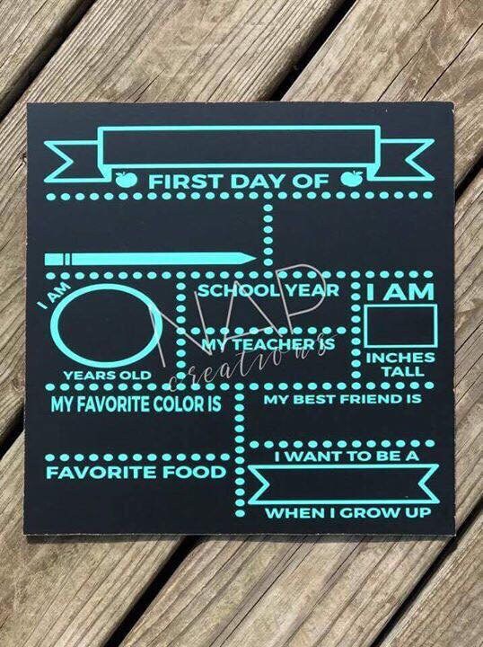 A 12x12 chalkboard designed for first day of school photos, featuring customizable sections for child's name, grade, and favorite things.