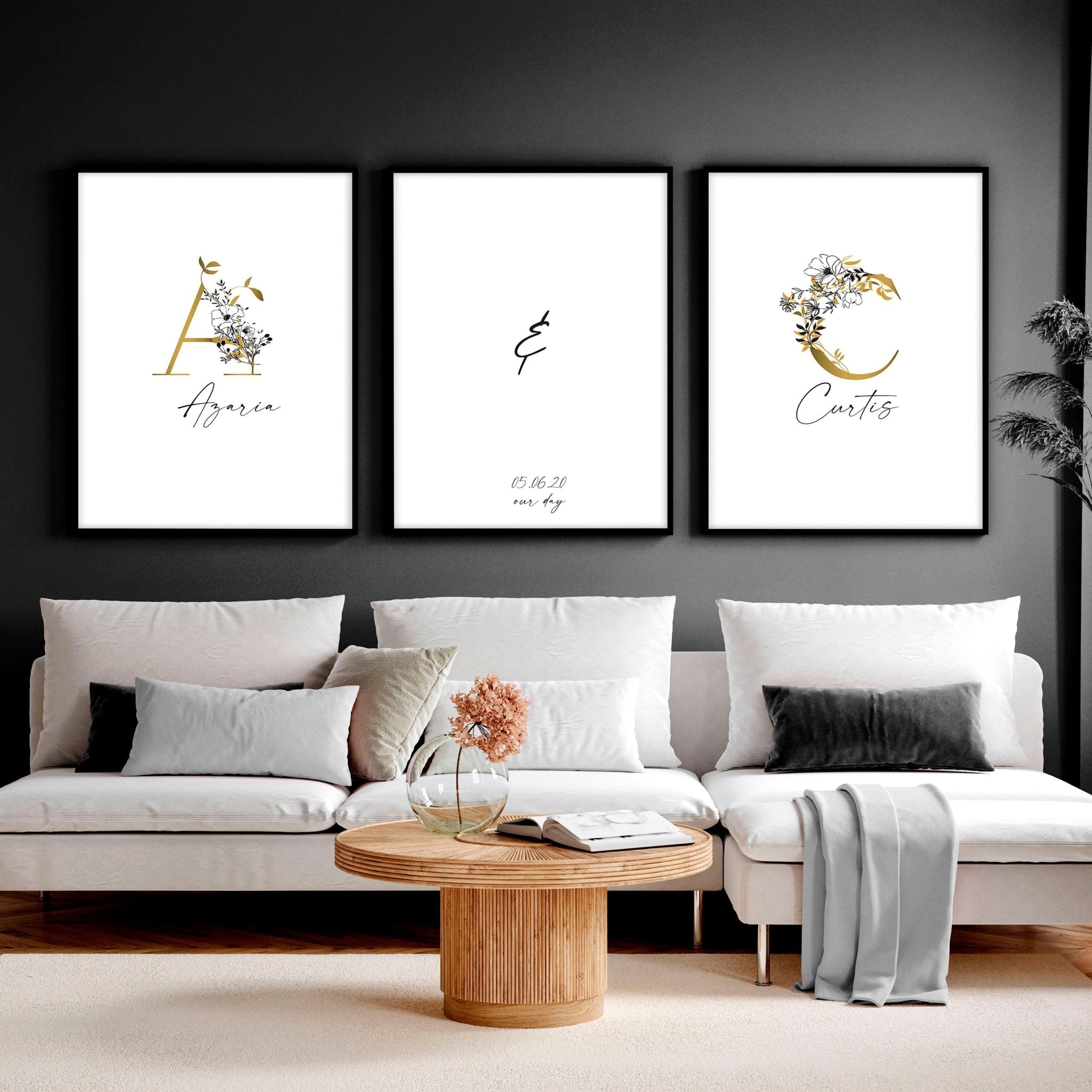 Set of 3 personalized wall art prints featuring botanical monograms in white, black, and gold with custom initials and anniversary details.