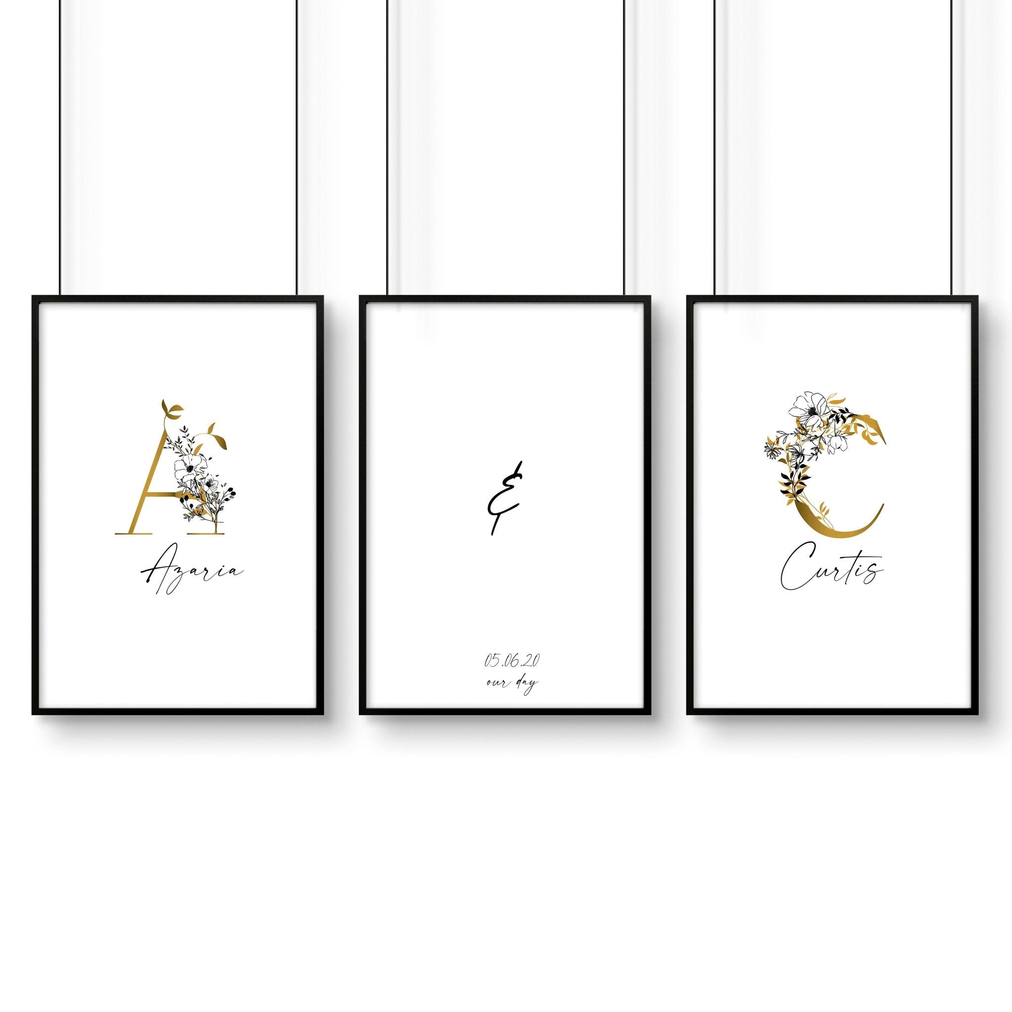 Set of 3 personalized wall art prints featuring botanical monograms in white, black, and gold with custom initials and anniversary details.