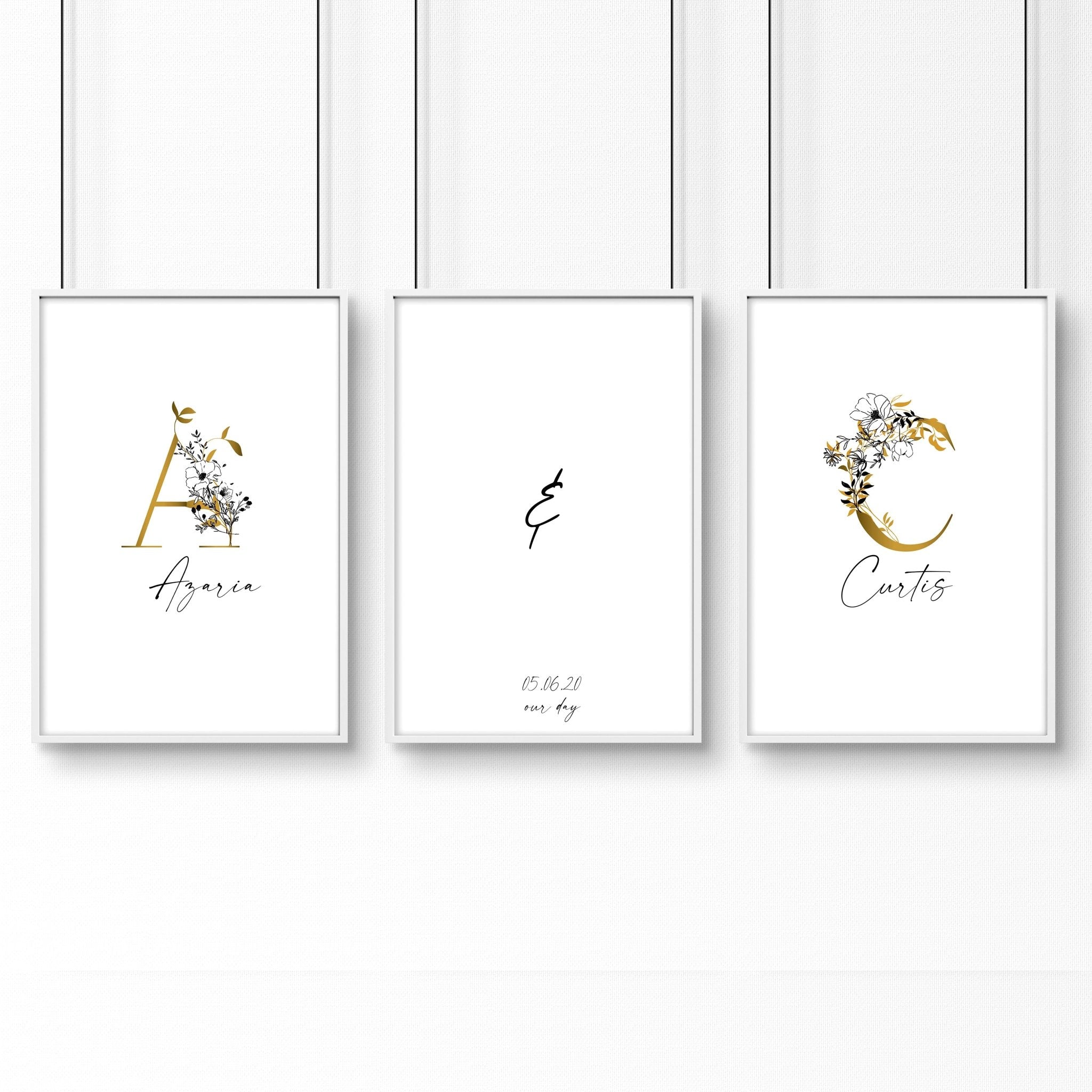 Set of 3 personalized wall art prints featuring botanical monograms in white, black, and gold with custom initials and anniversary details.