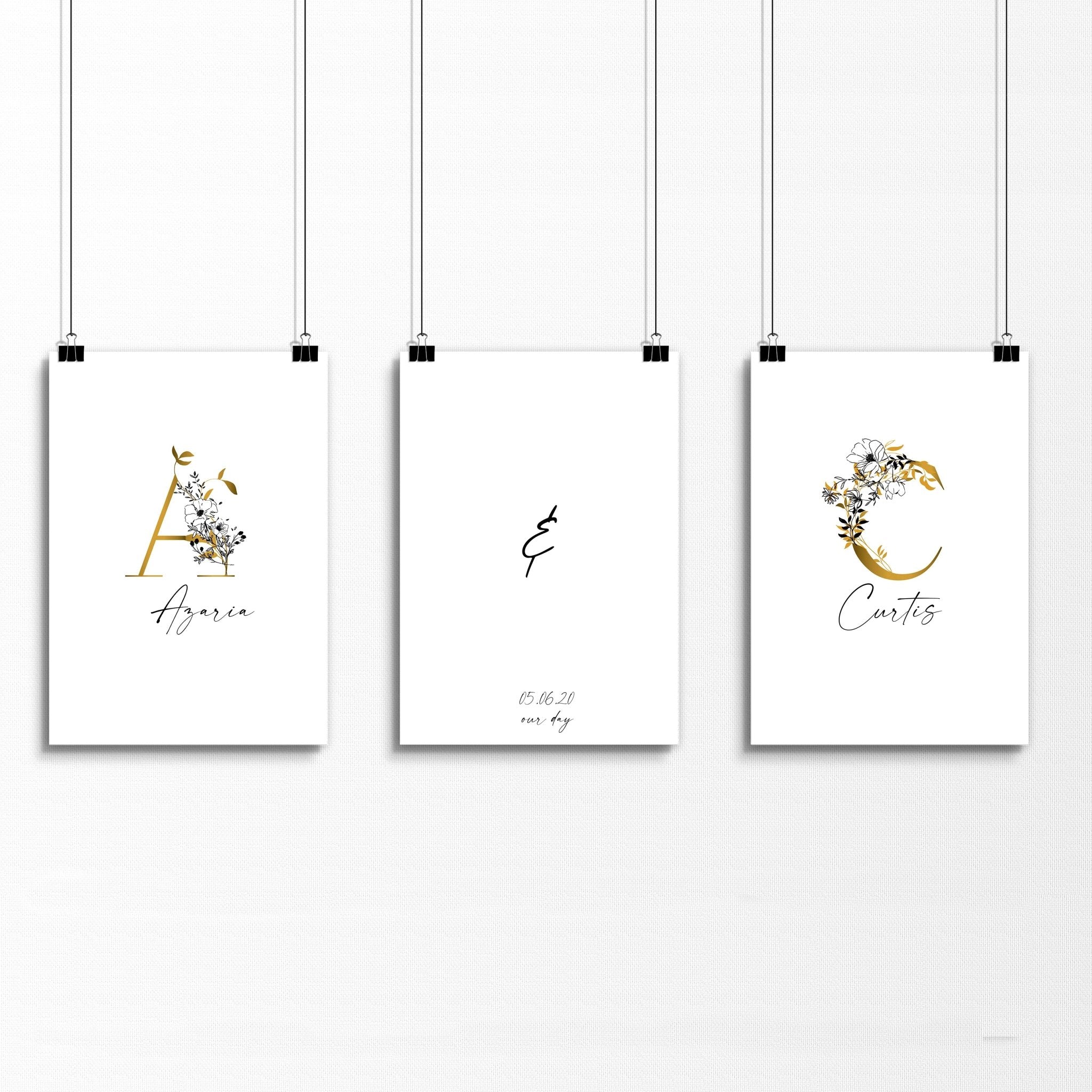 Set of 3 personalized wall art prints featuring botanical monograms in white, black, and gold with custom initials and anniversary details.