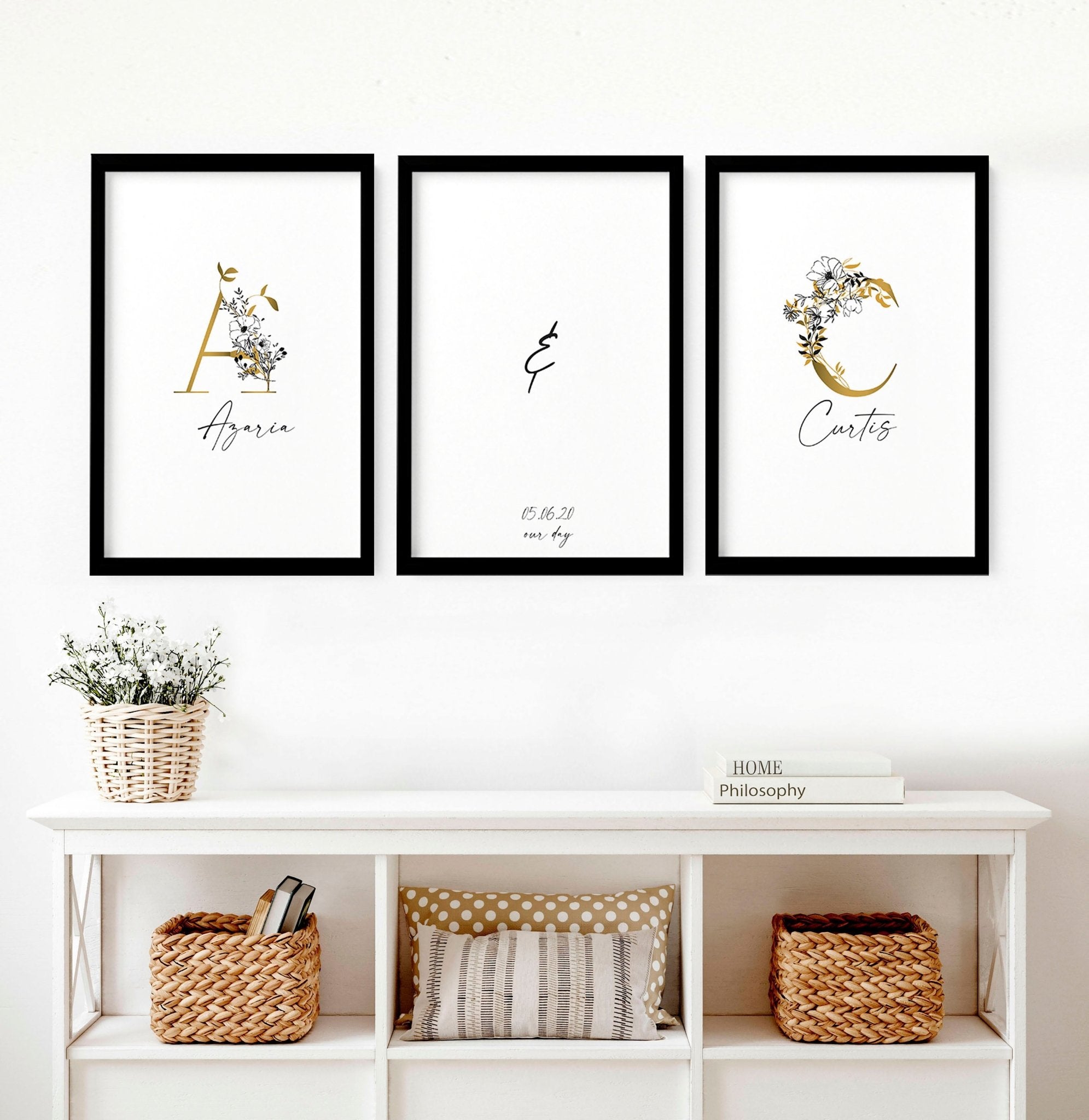 Set of 3 personalized wall art prints featuring botanical monograms in white, black, and gold with custom initials and anniversary details.