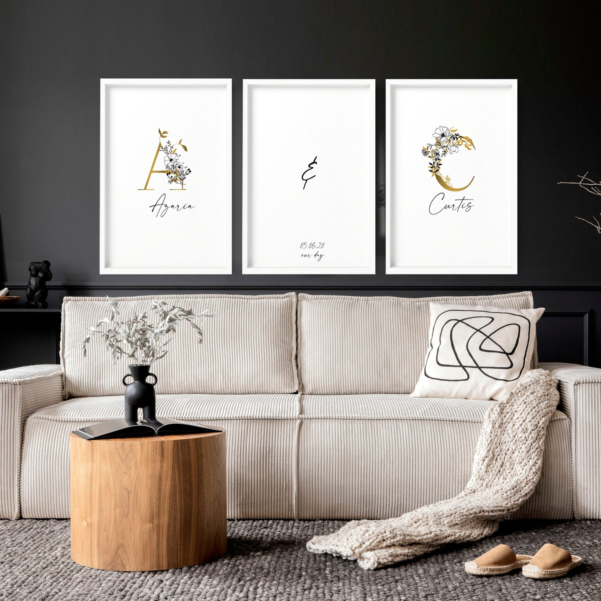 Set of 3 personalized wall art prints featuring botanical monograms in white, black, and gold with custom initials and anniversary details.