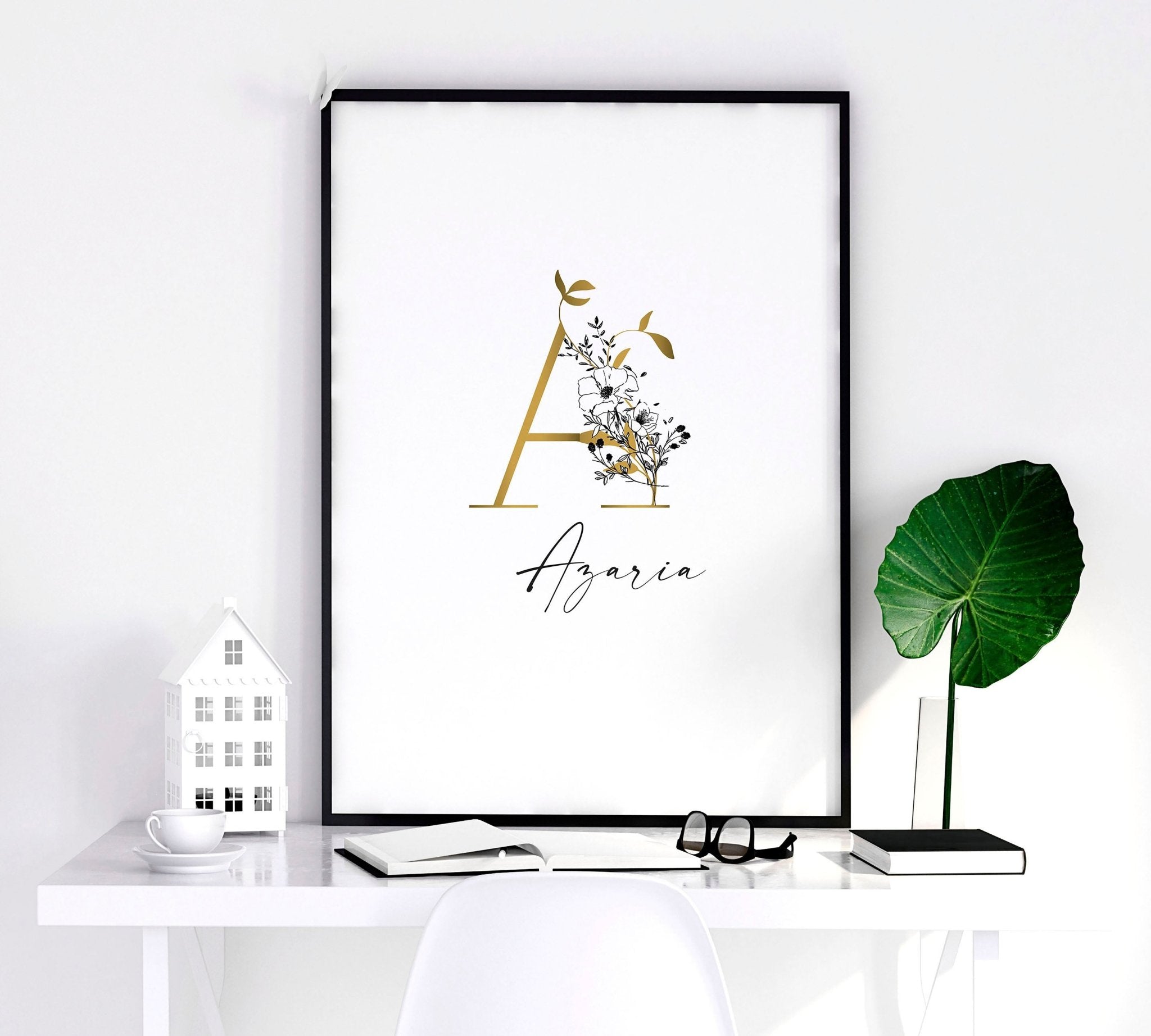 Set of 3 personalized wall art prints featuring botanical monograms in white, black, and gold with custom initials and anniversary details.