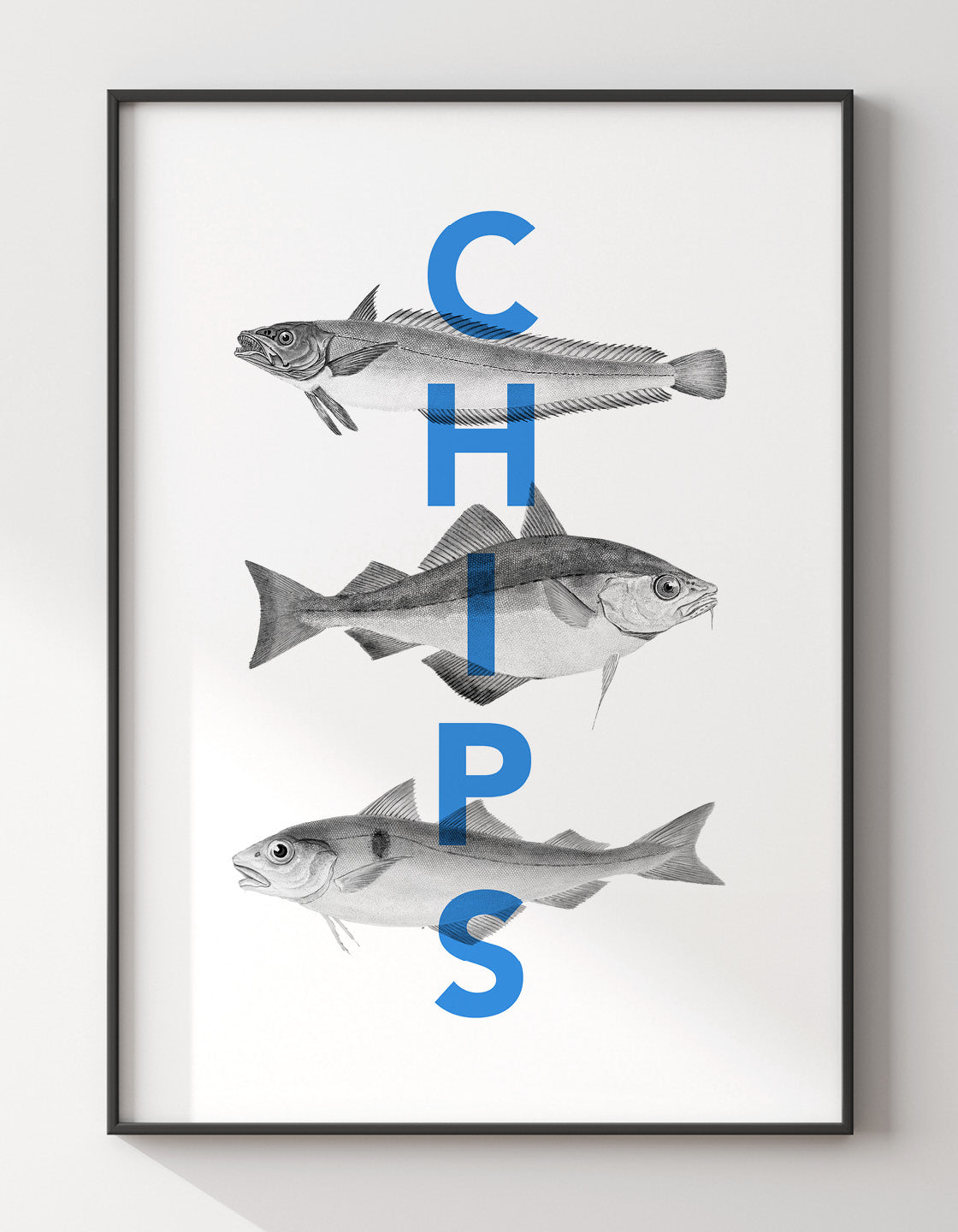 A vibrant print of fish and chips, showcasing crispy battered fish and golden fries, perfect for kitchen decor.