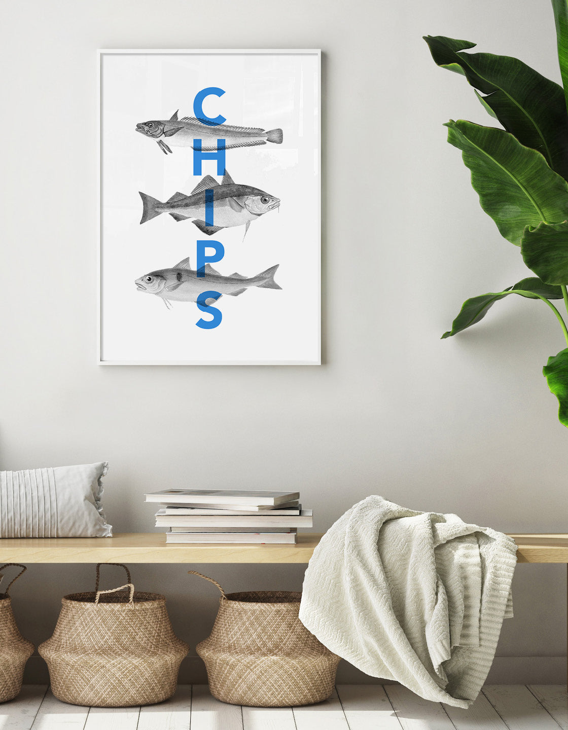 A vibrant print of fish and chips, showcasing crispy battered fish and golden fries, perfect for kitchen decor.