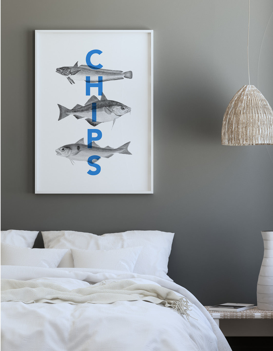 A vibrant print of fish and chips, showcasing crispy battered fish and golden fries, perfect for kitchen decor.