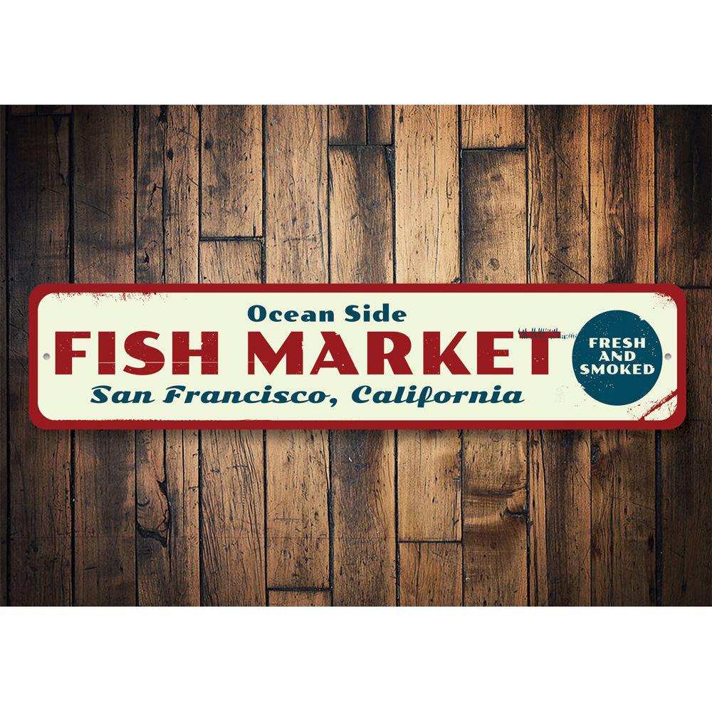 A decorative Fish Market Sign made of high-quality aluminum, featuring customizable text, perfect for beach houses and seafood restaurants.