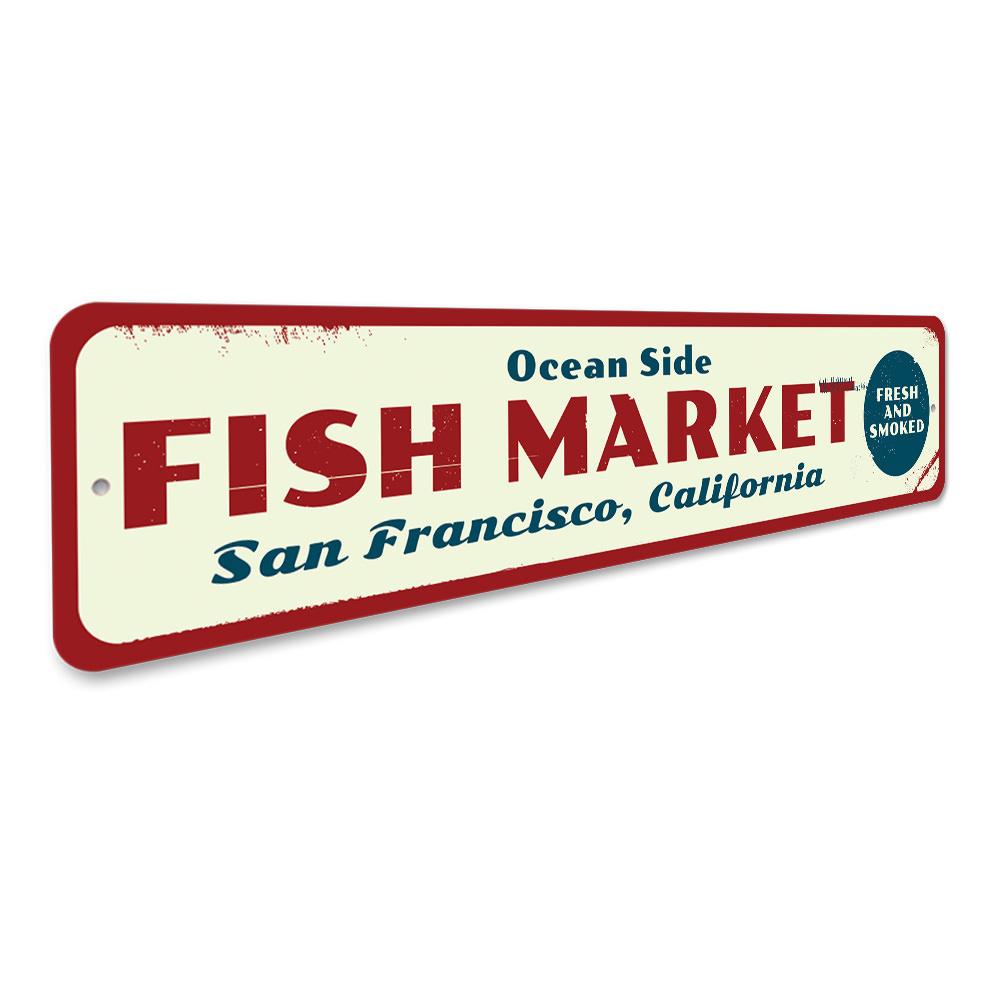 A decorative Fish Market Sign made of high-quality aluminum, featuring customizable text, perfect for beach houses and seafood restaurants.