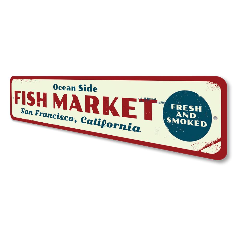 A decorative Fish Market Sign made of high-quality aluminum, featuring customizable text, perfect for beach houses and seafood restaurants.