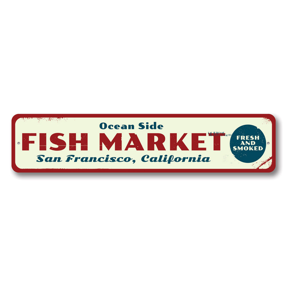 A decorative Fish Market Sign made of high-quality aluminum, featuring customizable text, perfect for beach houses and seafood restaurants.