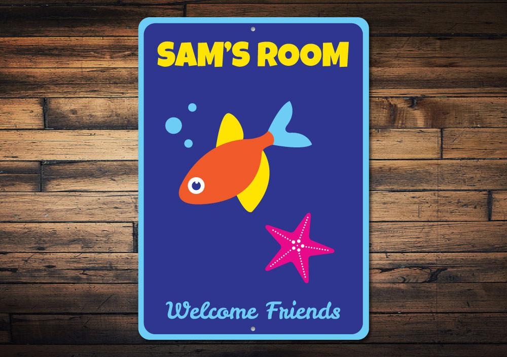 Colorful Fish & Starfish Kid Sign made of aluminum, featuring beach-themed designs perfect for coastal decor.