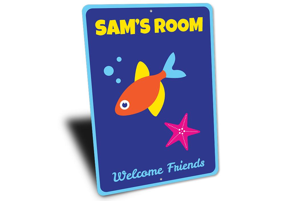 Colorful Fish & Starfish Kid Sign made of aluminum, featuring beach-themed designs perfect for coastal decor.