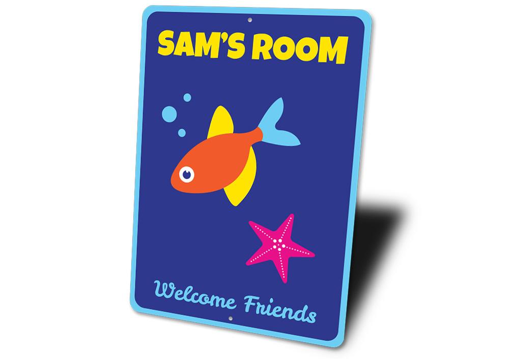 Colorful Fish & Starfish Kid Sign made of aluminum, featuring beach-themed designs perfect for coastal decor.