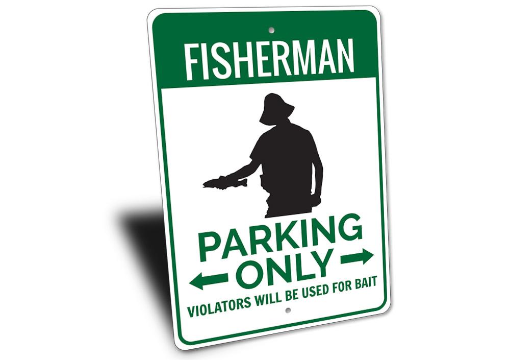 Fisherman Home Parking Sign made of durable aluminum, featuring a rustic design perfect for lakehouses.