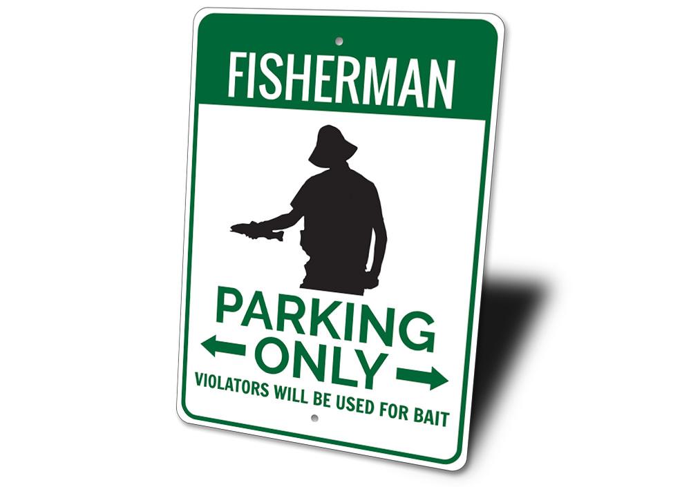 Fisherman Home Parking Sign made of durable aluminum, featuring a rustic design perfect for lakehouses.