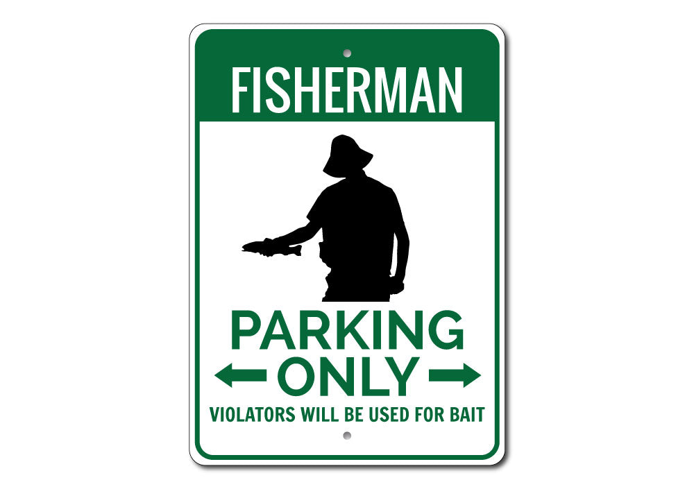 Fisherman Home Parking Sign made of durable aluminum, featuring a rustic design perfect for lakehouses.