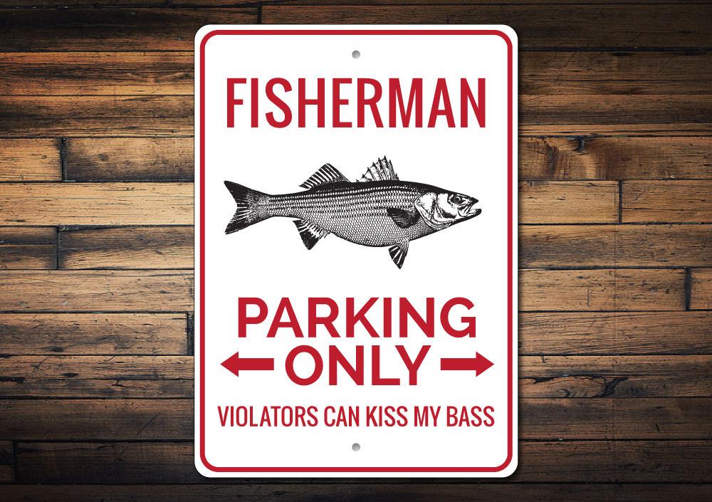 Fisherman Parking Sign made of durable aluminum, featuring a rustic design perfect for lakehouses and cabins.