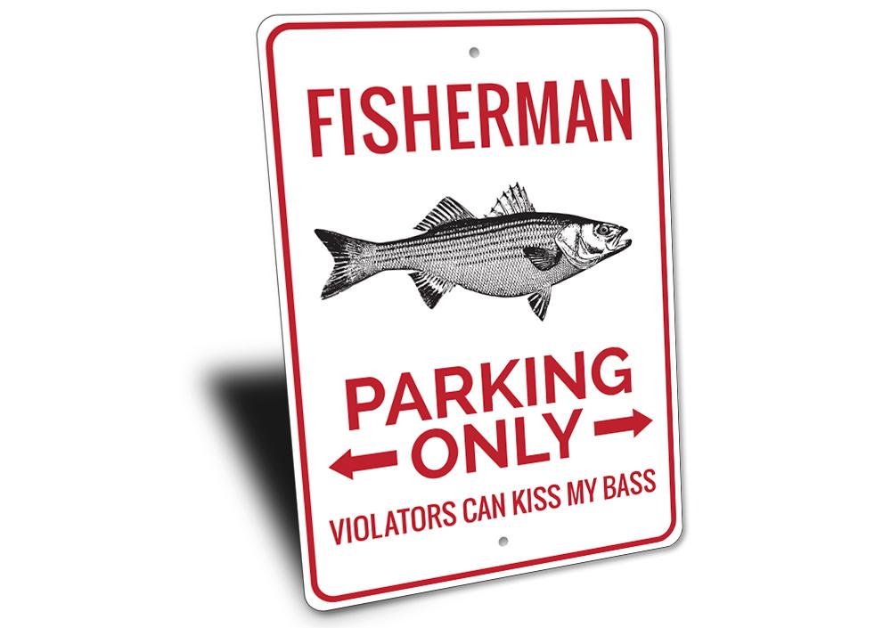 Fisherman Parking Sign made of durable aluminum, featuring a rustic design perfect for lakehouses and cabins.