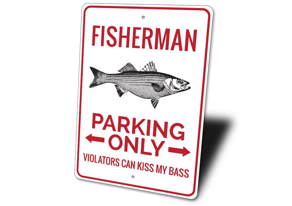 Fisherman Parking Sign made of durable aluminum, featuring a rustic design perfect for lakehouses and cabins.