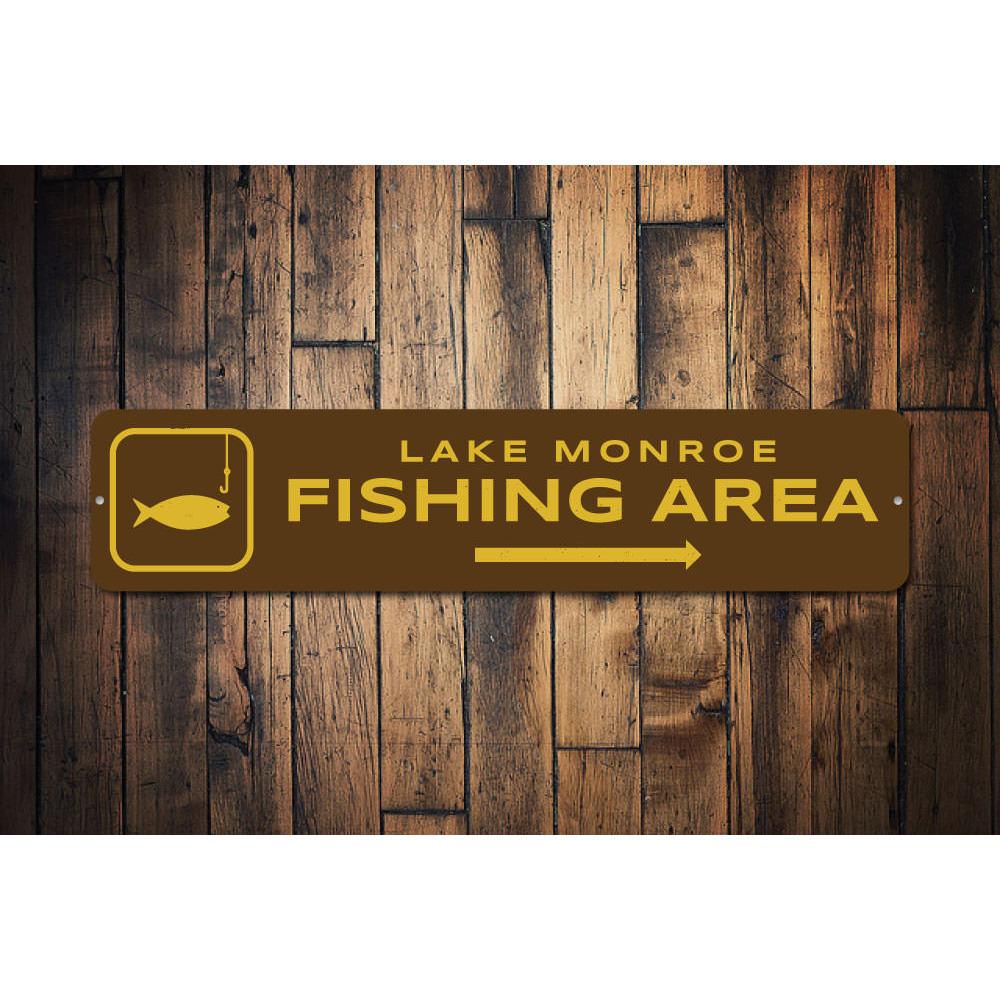 Custom Fishing Area Sign made from high-quality aluminum, featuring personalized text and pre-drilled holes for easy mounting.