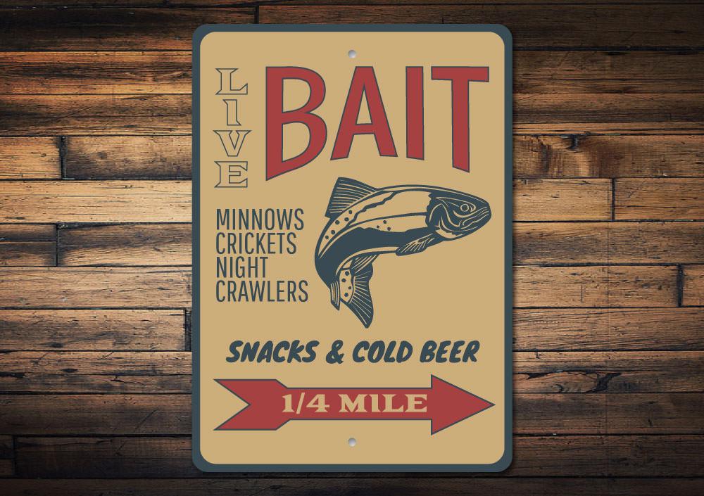 Fishing Bait Sign made of durable aluminum, featuring customizable text and pre-drilled holes for easy mounting, perfect for lakehouse decor.