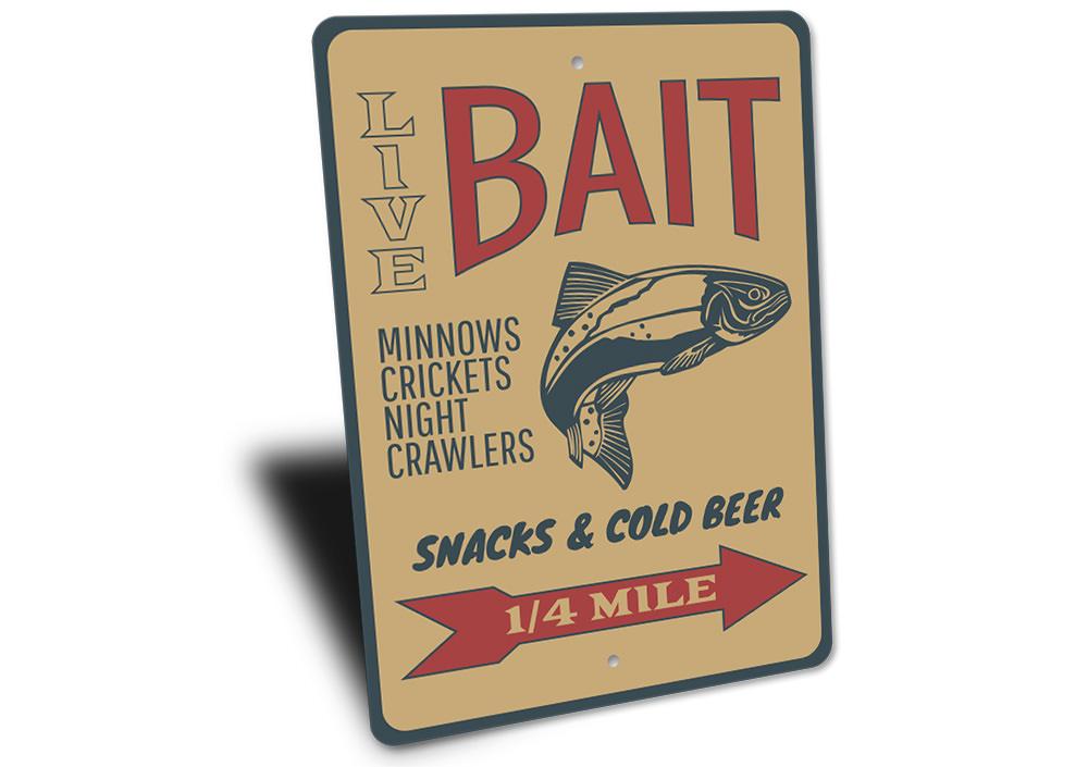 Fishing Bait Sign made of durable aluminum, featuring customizable text and pre-drilled holes for easy mounting, perfect for lakehouse decor.