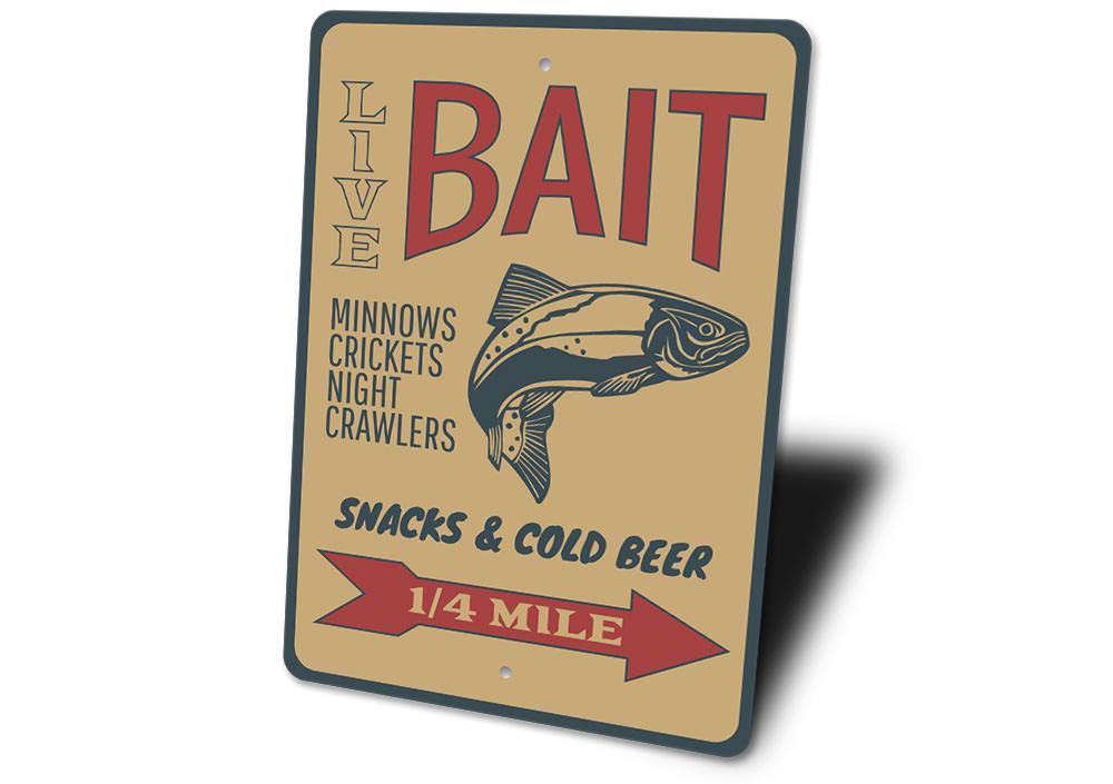 Fishing Bait Sign made of durable aluminum, featuring customizable text and pre-drilled holes for easy mounting, perfect for lakehouse decor.