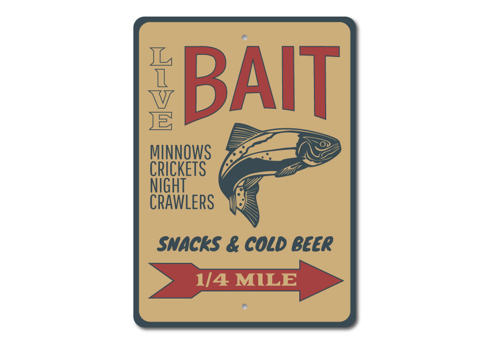 Fishing Bait Sign made of durable aluminum, featuring customizable text and pre-drilled holes for easy mounting, perfect for lakehouse decor.